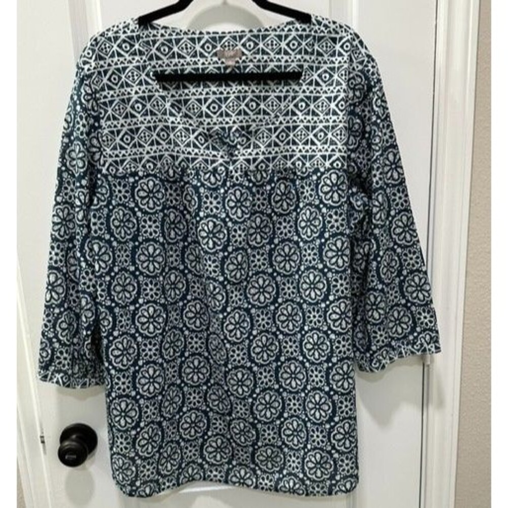 J.Jill XL Navy White Medallion Print Split Neck Tunic Top 3/4 Sleeve Cotton